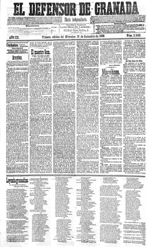 'El Defensor de Granada  : diario político independiente' - Año XX Número 11600 1ª ed. - 1899 Septiembre 13