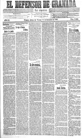 'El Defensor de Granada  : diario político independiente' - Año XX Número 11602 1ª ed. - 1899 Septiembre 15