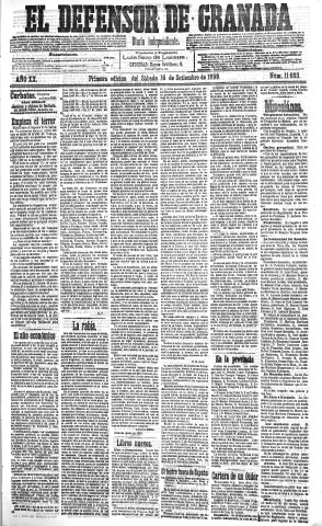 'El Defensor de Granada  : diario político independiente' - Año XX Número 11603 1ª ed. - 1899 Septiembre 16