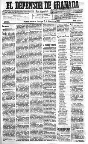 'El Defensor de Granada  : diario político independiente' - Año XX Número 11604 1ª ed. - 1899 Septiembre 17