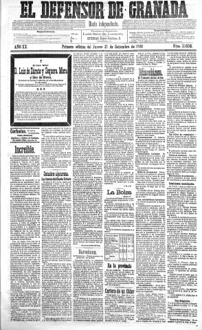 'El Defensor de Granada  : diario político independiente' - Año XX Número 11608 1ª ed. - 1899 Septiembre 21