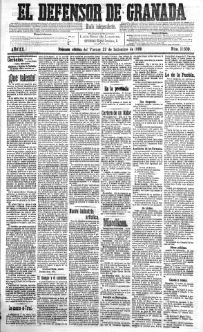 'El Defensor de Granada  : diario político independiente' - Año XX Número 11609 1ª ed. - 1899 Septiembre 22