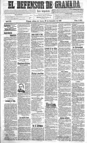 'El Defensor de Granada  : diario político independiente' - Año XX Número 11615 1ª ed. - 1899 Septiembre 28