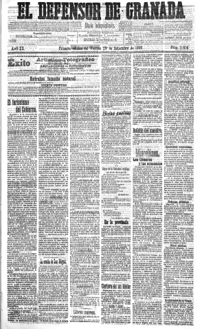 'El Defensor de Granada  : diario político independiente' - Año XX Número 11616 1ª ed. - 1899 Septiembre 29