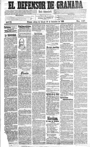 'El Defensor de Granada  : diario político independiente' - Año XX Número 11617 1ª ed. - 1899 Septiembre 30