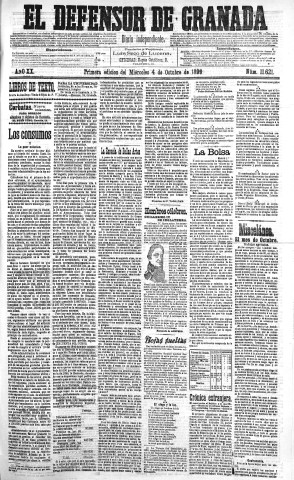 'El Defensor de Granada  : diario político independiente' - Año XX Número 11621 1ª ed. - 1899 Octubre 04