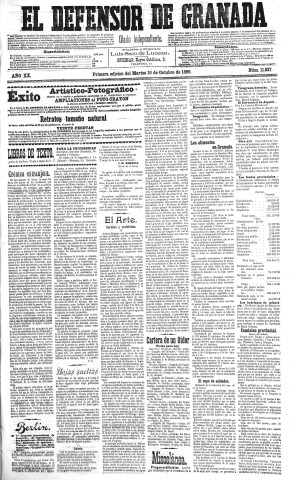 'El Defensor de Granada  : diario político independiente' - Año XX Número 11627 1ª ed. - 1899 Octubre 10