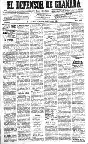 'El Defensor de Granada  : diario político independiente' - Año XX Número 11628 1ª ed. - 1899 Octubre 11