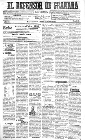 'El Defensor de Granada  : diario político independiente' - Año XX Número 11630 1ª ed. - 1899 Octubre 13