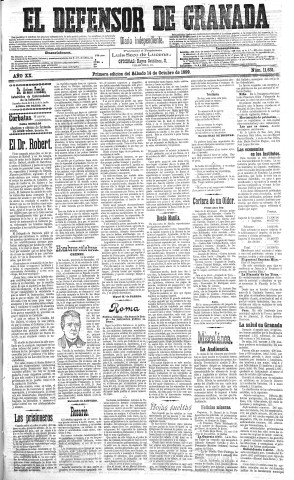 'El Defensor de Granada  : diario político independiente' - Año XX Número 11631 1ª ed. - 1899 Octubre 14