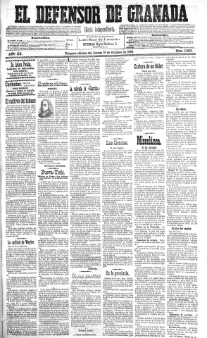 'El Defensor de Granada  : diario político independiente' - Año XX Número 11636 1ª ed. - 1899 Octubre 19