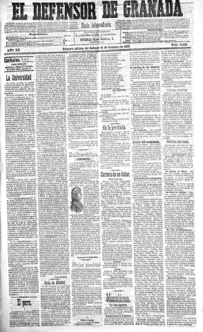 'El Defensor de Granada  : diario político independiente' - Año XX Número 11638 1ª ed. - 1899 Octubre 21