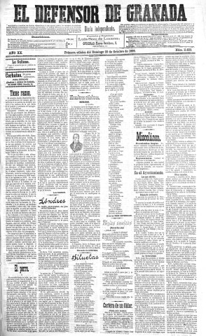 'El Defensor de Granada  : diario político independiente' - Año XX Número 11639 1ª ed. - 1899 Octubre 22