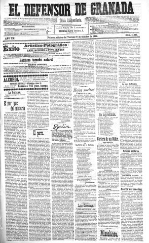 'El Defensor de Granada  : diario político independiente' - Año XX Número 11644 1ª ed. - 1899 Octubre 27