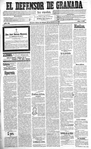 'El Defensor de Granada  : diario político independiente' - Año XX Número 11645 1ª ed. - 1899 Octubre 28