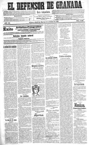 'El Defensor de Granada  : diario político independiente' - Año XX Número 11648 1ª ed. - 1899 Octubre 31