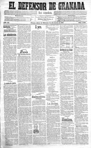 'El Defensor de Granada  : diario político independiente' - Año XX Número 11656 1ª ed. - 1899 Noviembre 08