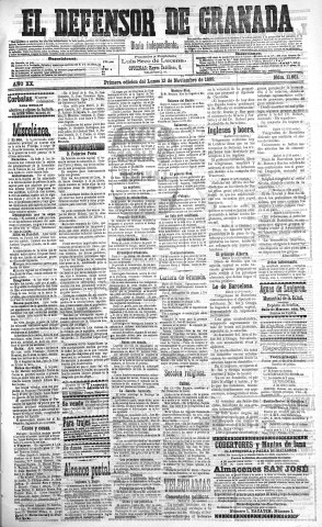 'El Defensor de Granada  : diario político independiente' - Año XX Número 11661 1ª ed. - 1899 Noviembre 13