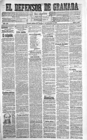 'El Defensor de Granada  : diario político independiente' - Año XX Número 11683 1ª ed. - 1899 Diciembre 01