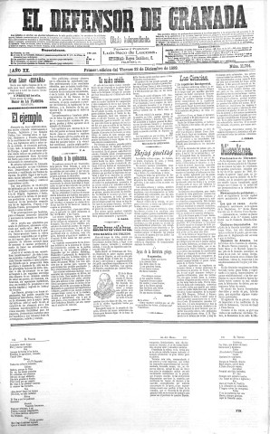 'El Defensor de Granada  : diario político independiente' - Año XX Número 11704 1ª ed. - 1899 Diciembre 22