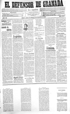 'El Defensor de Granada  : diario político independiente' - Año XX Número 11711 1ª ed. - 1899 Diciembre 30