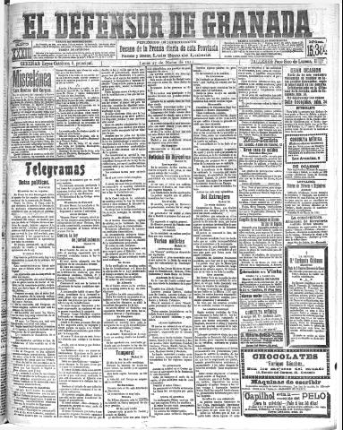 'El Defensor de Granada  : diario político independiente' - Año XXXIII Número 15384  - 1911 Marzo 27