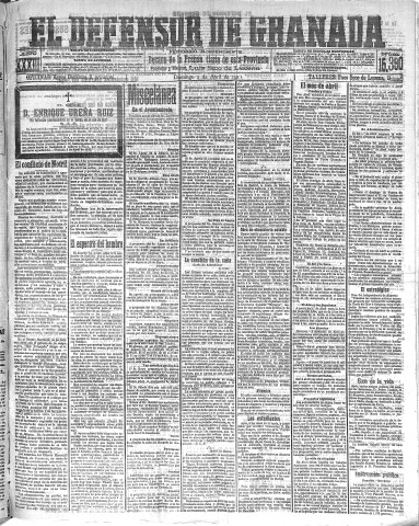 'El Defensor de Granada  : diario político independiente' - Año XXXIII Número 15390  - 1911 Abril 02