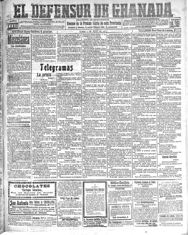 'El Defensor de Granada  : diario político independiente' - Año XXXIII Número 15391  - 1911 Abril 03