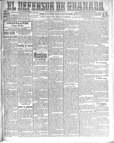 'El Defensor de Granada  : diario político independiente' - Año XXXIII Número 15392  - 1911 Abril 04