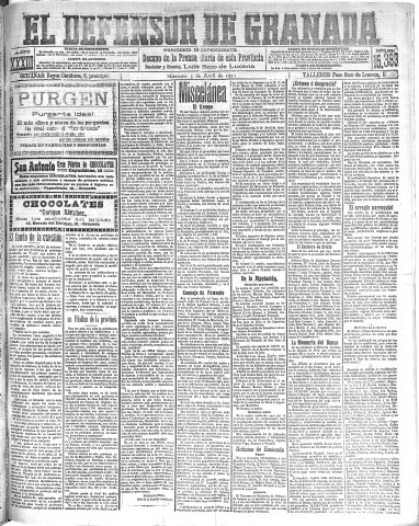 'El Defensor de Granada  : diario político independiente' - Año XXXIII Número 15393  - 1911 Abril 05
