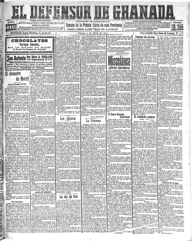 'El Defensor de Granada  : diario político independiente' - Año XXXIII Número 15395  - 1911 Abril 07