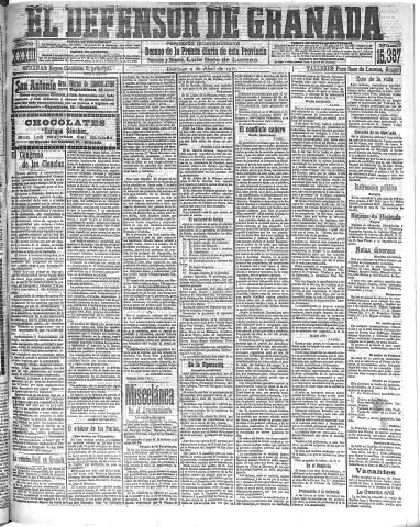 'El Defensor de Granada  : diario político independiente' - Año XXXIII Número 15397  - 1911 Abril 09