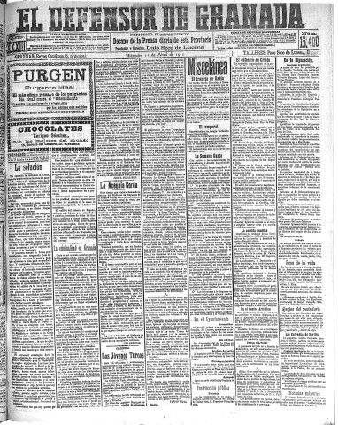 'El Defensor de Granada  : diario político independiente' - Año XXXIII Número 15400  - 1911 Abril 12