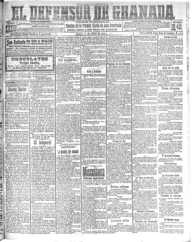 'El Defensor de Granada  : diario político independiente' - Año XXXIII Número 15401  - 1911 Abril 13