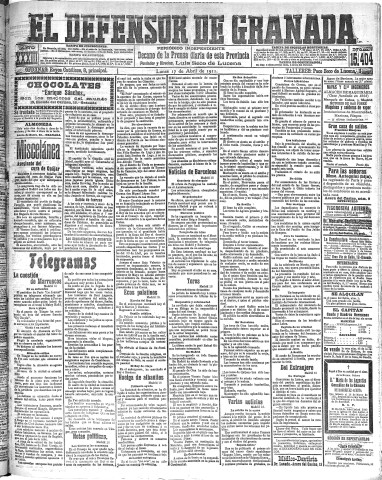 'El Defensor de Granada  : diario político independiente' - Año XXXIII Número 15404  - 1911 Abril 17