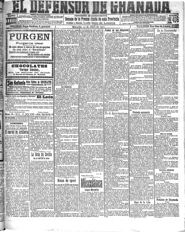 'El Defensor de Granada  : diario político independiente' - Año XXXIII Número 15406  - 1911 Abril 19
