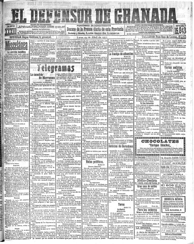 'El Defensor de Granada  : diario político independiente' - Año XXXIII Número 15411  - 1911 Abril 24