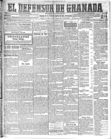 'El Defensor de Granada  : diario político independiente' - Año XXXIII Número 15414  - 1911 Abril 27