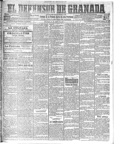 'El Defensor de Granada  : diario político independiente' - Año XXXIII Número 15417  - 1911 Abril 30