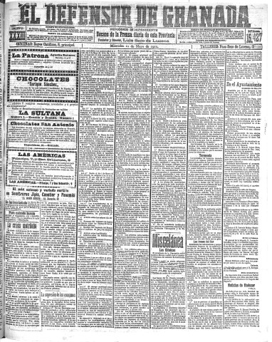 'El Defensor de Granada  : diario político independiente' - Año XXXIII Número 15427  - 1911 Mayo 10