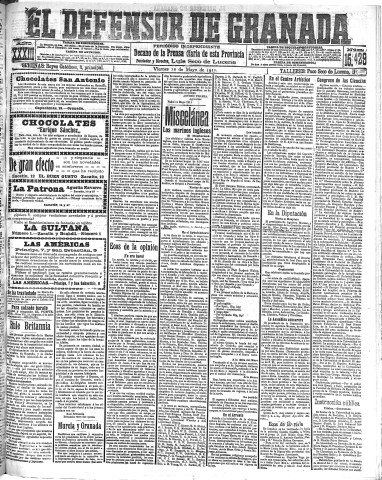 'El Defensor de Granada  : diario político independiente' - Año XXXIII Número 15429  - 1911 Mayo 12