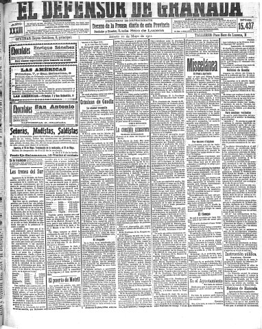 'El Defensor de Granada  : diario político independiente' - Año XXXIII Número 15437  - 1911 Mayo 20