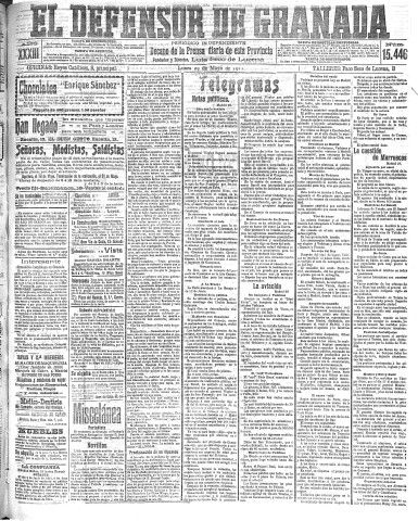 'El Defensor de Granada  : diario político independiente' - Año XXXIII Número 15446  - 1911 Mayo 29