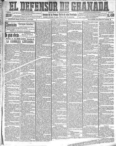 'El Defensor de Granada  : diario político independiente' - Año XXXIII Número 15450  - 1911 Junio 02