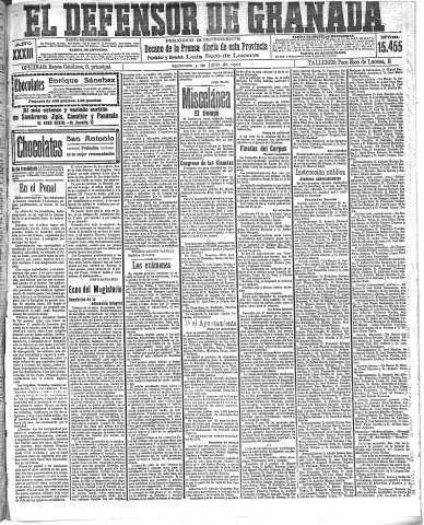 'El Defensor de Granada  : diario político independiente' - Año XXXIII Número 15455  - 1911 Junio 07