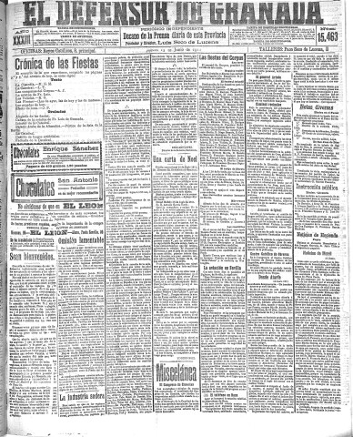 'El Defensor de Granada  : diario político independiente' - Año XXXIII Número 15463  - 1911 Junio 15