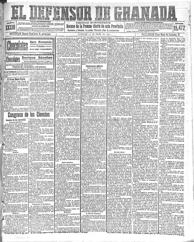 'El Defensor de Granada  : diario político independiente' - Año XXXIII Número 15472  - 1911 Junio 25