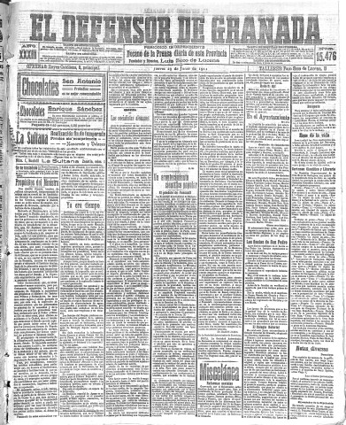 'El Defensor de Granada  : diario político independiente' - Año XXXIII Número 15476  - 1911 Junio 29