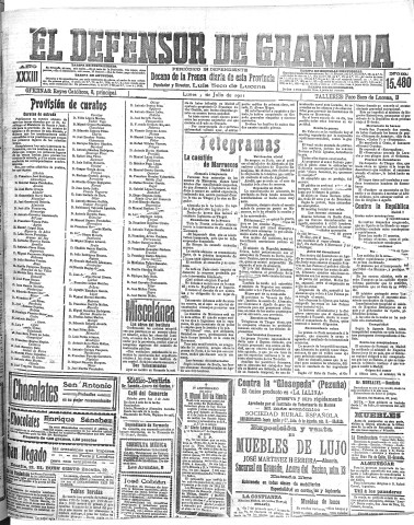 'El Defensor de Granada  : diario político independiente' - Año XXXIII Número 15480  - 1911 Julio 03