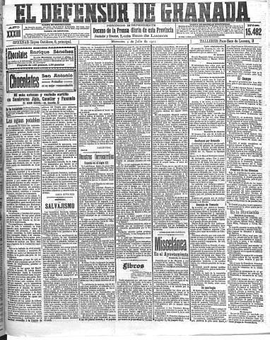 'El Defensor de Granada  : diario político independiente' - Año XXXIII Número 15482  - 1911 Julio 05